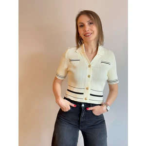 Polo Yaka Hırka Gold Düğme Detaylı  Crop Yelek Ekru