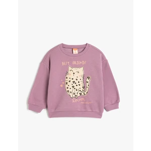 Sweatshirt Uzun Kollu Kedi Baskılı Bisiklet Yaka Şardonlu Pamuklu