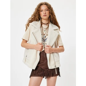 Suni Deri Biker Yelek Uzun Kolsuz Fermuarlı Ters Peluş Yaka