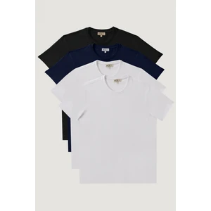 Altınyıldız Classics Erkek Beyaz-beyaz-sıyah-lacıvert Slim Fit Dar Kesim Bisiklet Yaka %100 Pamuk 4'lü Tişört Paket