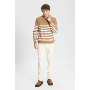 ALTINYILDIZ CLASSICS Erkek VIZON-EKRU Standart Fit Normal Kesim Polo Yaka Çizgili Triko Kazak