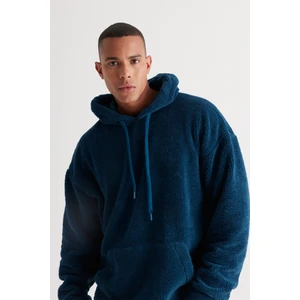 Altınyıldız Classics Erkek Petrol Oversize Bol Kesim Kapüşonlu Sherpa Sweatshirt Polar
