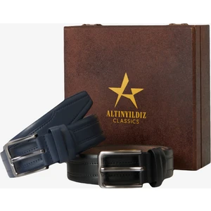 ALTINYILDIZ CLASSICS Erkek Siyah-Lacivert Özel Ahşap Hediye Kutulu 2'li Casual Kemer Set Damat Bohçası
