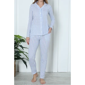 Kadın Pijama Uzun Kollu Düğmeli Pijama Takımı Cepli Pamuk  Mavi