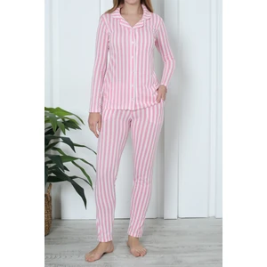 Kadın Pijama Uzun Kollu Düğmeli Pijama Takımı Cepli Pamuk  Pembe