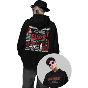 Fuddy Moda Unisex Elvis Presley Sırt Baskılı Kapüşonlu Sweatshirt, Oversize Efsane Müzisyen Baskılı Hoodie