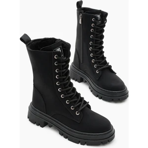 Kadın Siyah Mat Termo Taban Yanı Çift Tokalı Bağcıklı ve Fermuarlı Bot