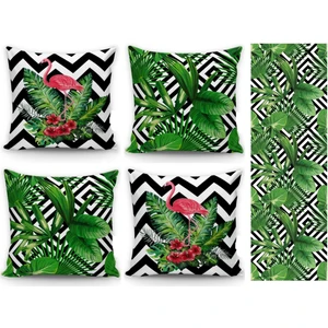 Alkan Homes Yapraklı ve Flamingo Temalı 4lü Kombin Kırlent Kılıfı+Runner