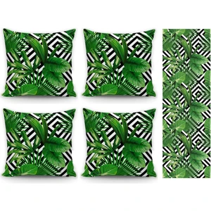 Alkan Homes Tropikal Yaprak Desenli 4lü Kombin Kırlent Kılıfı+Runner