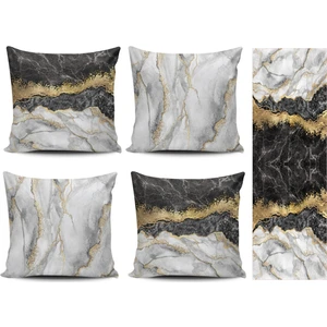 Alkan Homes Mermer Desenli 4lü Kombin Kırlent Kılıfı+Runner