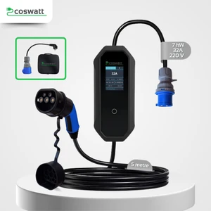 Elektrikli Araç Taşınabilir Şarj Cihazı 7 kW / 32A / Tip-2 / 3x32A Fiş / 5M / 220V AC / Ev Tipi Priz Dönüştürücü Kablolu ve Taşıma Çantalı