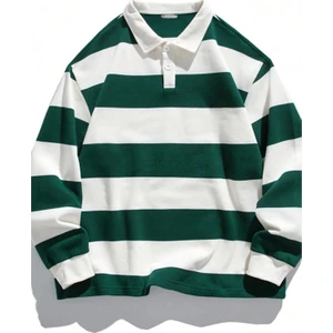 Ghassy Co. Erkek London Çizgili Şeritli Pamuklu Içi Polarlı Polo Yaka Sweatshirt