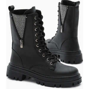 Tonny Black Kadın Siyah Cilt Termo Taban Yanı Taşlı Detaylı Bağcıklı ve Fermuarlı Bot