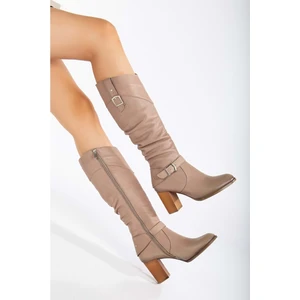 Analin Shoes Kadın Hakiki Deri Körüklü Toka Detaylı Topuklu Çizme - Taş