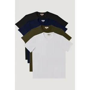 Altınyıldız Classics Erkek Beyaz-sıyah-lacıvert-hakı Slim Fit Dar Kesim Bisiklet Yaka %100 Pamuk 4'lü Tişört Paket