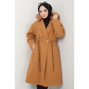 Kapüşonlu Beli Büzgülü Kaşe Kaban Taba HM2604