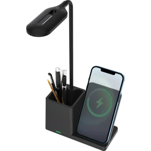 HT-513 Siyah Typec 10W Kablosuz Şarj Cihazı Kalemlikli Masa Lambası