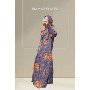 Larem Design Mavi Turuncu Çiçekli Tek Parça Namaz Elbisesi