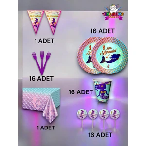 16 Kişilik Deniz Kızı Temalı Premium Set - Doğum Günü Parti ve Eğlenceli Etkinlikler