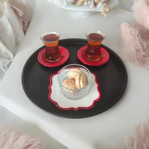 Ece Ev Modası Tepsi Metal Çay Tepsisi Kahve Tepsisi Sunum Kahvaltı Tepsisi-30 cm Küçük Boy