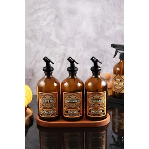 500ML Amber Renkli Cam Vintage Ahşap Stantlı Yağdanlık Seti