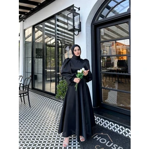 By Atelier Siyah Simli Hazel Tesettür Abiye Saten Kumaş Balon Kol Tasarımıyla Şık