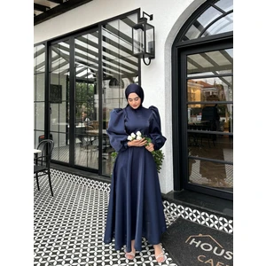 By Atelier Lacivert Simli Hazel Tesettür Abiye Uzun Kollu Saten Kumaş Kadın Elbise