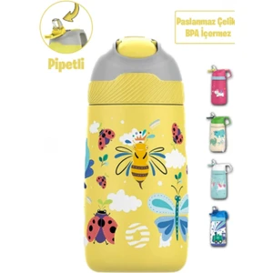 Çocuk 350 ml Pipetli Çelik Matara Paslanmaz Çelik Termos 5 Farklı Renk 2055-350ML