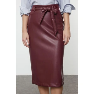 Kadın Moda Stil Mini Astarsız Dokuma Deri Yırtmaçlı Bağlama Detaylı Kemer Bağlamalı Dokuma Etek