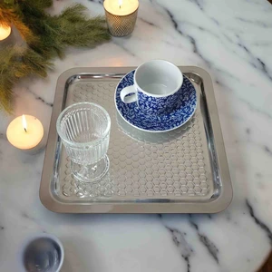 Store Trend 2 Li 21X21 Dama Kare Çelik Tepsi  - Kahve ve Nişan Sunum Tepsisi