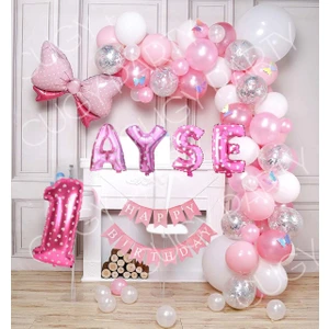 Kız Doğum Günü Süsü Parti Seti Özel Isim Yazılı  Pembe Kurdeleli Pembe Şeffaf Beyaz Balon Seti