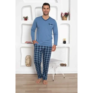 Erkek Ekose Desen V Yaka Göğüs Cepli Mevsimlik %100 Pamuk Uzun Kol Cepli Pijama Takımı