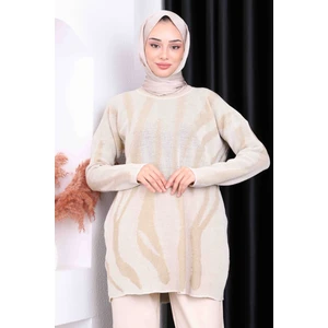 Bej Desenli Simli Triko Tunik