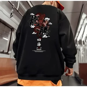 Amor Man Özel Tasarım Bisiklet Yaka Dragon Sırt Baskılı Şardonlu Kışlık Japon Stil Erkek Sweatshırt