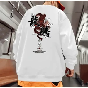 Amor Man Özel Tasarım Bisiklet Yaka Dragon Sırt Baskılı Şardonlu Kışlık Japon Stil Erkek Sweatshırt
