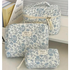 The Margi 3lü Set Mavi Sümbül Çiçeği Desenli Makyaj Veya Düzenleyici Çantası