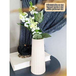 Krem Renk Uzun Büyük Boy Çizgili Vazo Bohem Uzun Vazo Iskandinav Tarz Vazo 18 x 8  cm