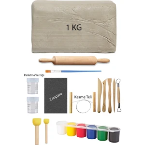 Beyaz Seramik Hamuru 1 kg Kil Ebeşuar Seti 6X15 ml Akrilik Set 50 cc Vernik Ahşap Merdane Zımpara