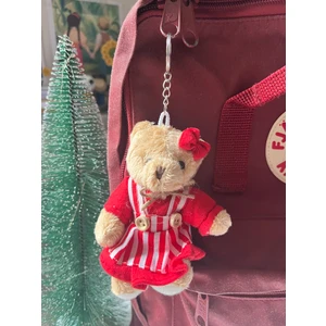 Krımızı Beyaz Çizgili Elbiseli Sevimli Peluş Ayıcık Anahtarlık Çanta Aksesuarı Hediyelik