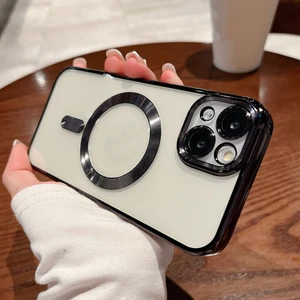 iPhone 14 Uyumlu Kılıf Kamera Lens ve Hoparlör Toz Korumalı Kablosuz Şarj Özellikli Kenarları Renkli Arkası Şeffaf