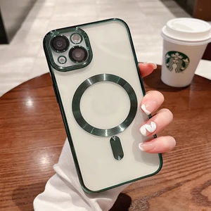 iPhone 14 Uyumlu Kılıf Kamera Lens ve Hoparlör Toz Korumalı Kablosuz Şarj Özellikli Kenarları Renkli Arkası Şeffaf