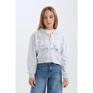 Kız Çocuk Baskılı Kapüşonlu İçi Yumuşak Tüylü Fermuarlı Sweatshirt D1569A824WN