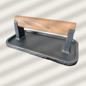 Döküm Demir Et Mühürleme, Piknik Tost ve Burger Pres Aparatı, Ahşap Saplı Seasoning (Yağlama) Işlemi Yapılmış, 10,5*20 cm