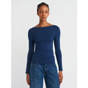 31401 Büzgülü Kayık Yaka Top-Lacivert