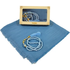 Mevlit Hediyesi Flamlı Yazma Set Hediyelik Eşarp 100X100CM Dağıtmalık-Inci 99 Tesbih Hediyeli-Mavi