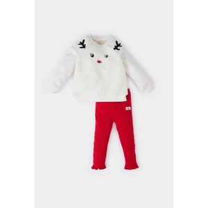 Kız Bebek Yılbaşı Temalı 2'li Takım Bisiklet Yaka Pelüş Sweatshirt Beli Lastikli Tayt D6512A524WN