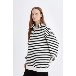 Relax Fit Dik Yaka Fermuarlı Çizgili İçi Yumuşak Tüylü Kalın Sweatshirt Tunik E0840AX24WN