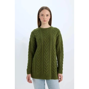 Regular Fit Bisiklet Yaka Saç Örgü Desenli Triko Kazak Tunik B4284AX24WN