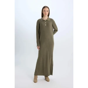 Regular Fit Polo Yaka Basic Düz Maxi Triko Elbise D5434AX24WN