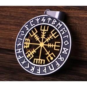 Paslanmaz Çelik Altın Renk Detaylı Vegvisir Savaşçı Pusula Viking Kolye - 70 cm Zincirli